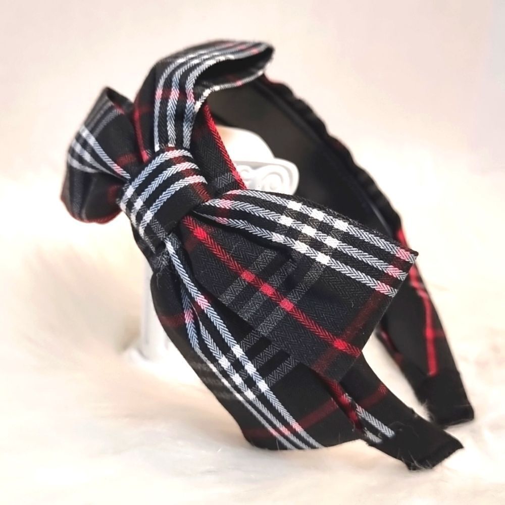 PLAID SIDE BOW HEADBAND Black white red fabric